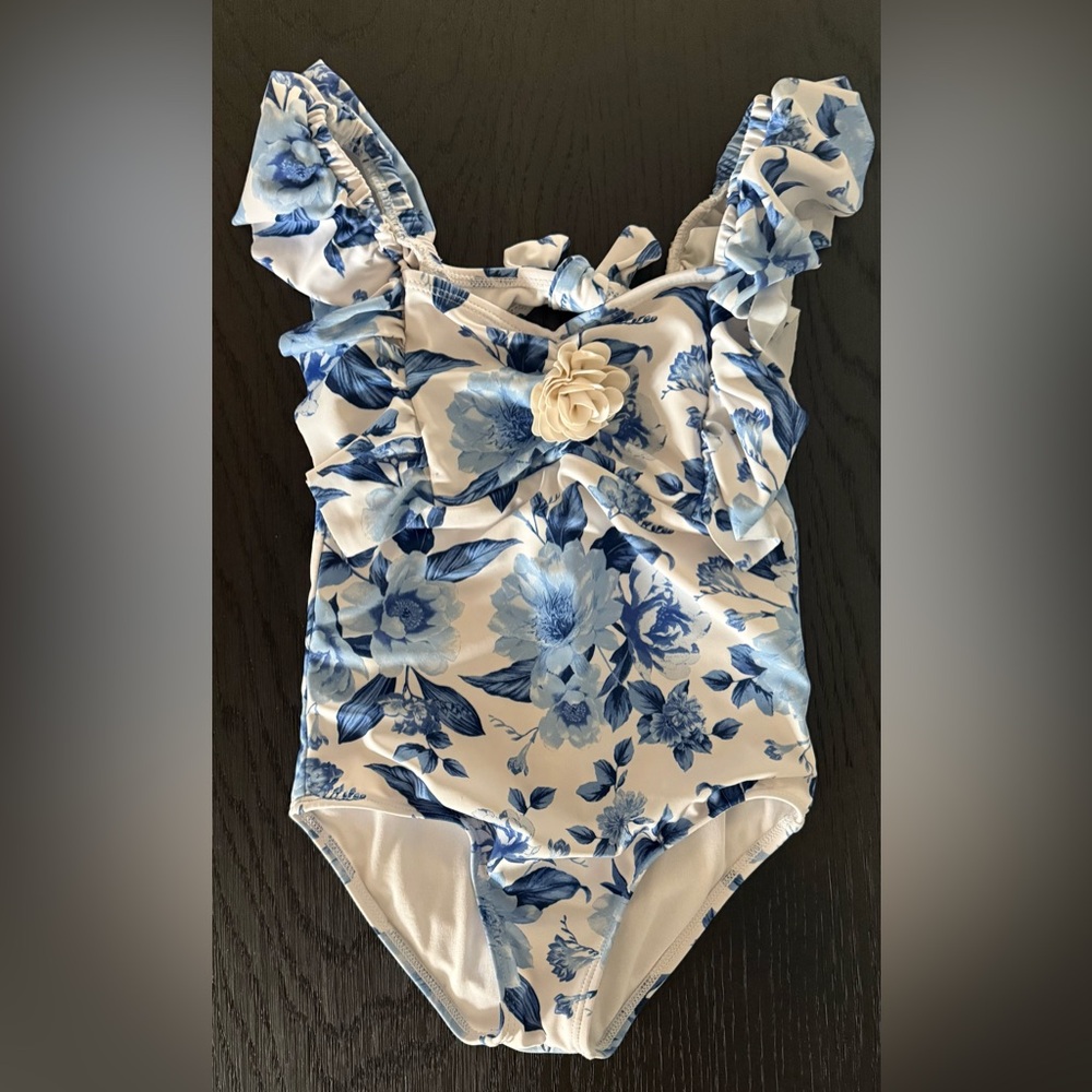 Janie and Jack Blue and White Floral Swimsuit